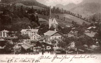 Historic Picture of the church that was built above spring surrounded by small village in the Alps. The Shield Potion origin.